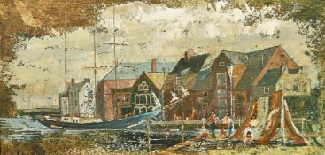 John Bassage, Fishermen at a quayside, oil on board, signed, 12