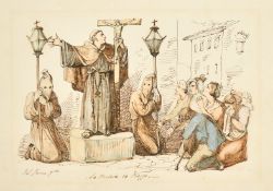 Follower of Bartolommeo Pinelli, 'La predica in piazza', (The sermon in the square), watercolour