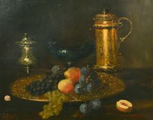 E. Didier (19th Century) French, a still life of fruit on a platter and other objects, oil on