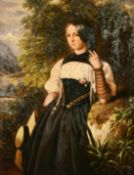 20th Century Portrait of a lady standing in a landscape leaning against of moss-covered rock, oil on