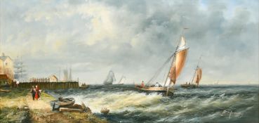 Brian Murray (b. 1918), barges under sail off a quay, oil on panel, signed, 8