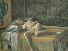 Elizabeth Hadden-Cave (20th Century) A reclining female nude lying on top of a bed, pastel,