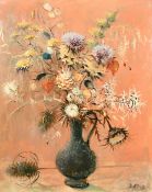 Matt Bruce (20th Century) Still life of mixed flowers in a jug, oil on panel, signed, 30