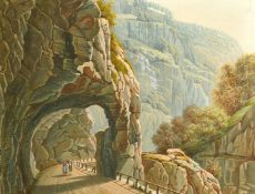 Italian School (Late 19th Century) A pass in the Aosta valley, a rocky landscape with two figures on