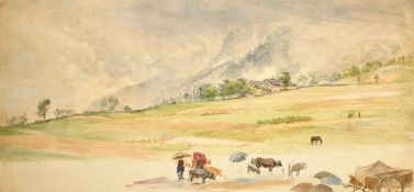 James Duffield Harding (1793-1863) 'Near Lucerne, Switzerland', figures holding parasols with cattle