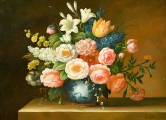 W. Lander (20th Century) Still life of mixed flowers in a blue vase on a ledge, oil on panel,