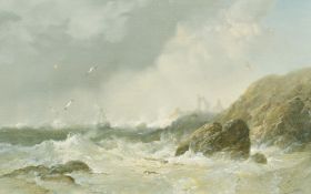 James Webb (1825-1895) British, waves crashing against a rocky coastline, oil on canvas, signed,