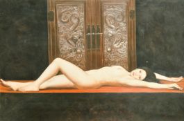 20th Century Chinese School, a reclining female nude, oil on canvas, indistinctly signed, 23.75
