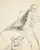 Circle of Thomas Rowlandson, A skeleton and a miser, pen and ink drawing, 8.75