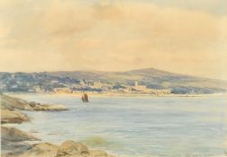 19th Century English school, a view of a traditional boat at sea with a port beyond, watercolour,