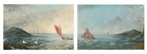 19th Century, Coastal scenes with sailing boats and seagulls, oils on board, each 4