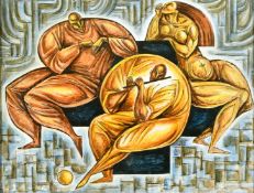 Asian School (20th Century) Three stylized figures seated one playing a flute, oil on card, 13.5