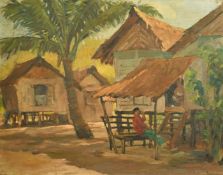 Southeast Asian School (20th Century) Village huts with figures, oil on board, indistinctly signed