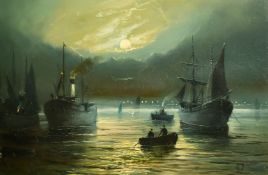 Walter Linsley Meegan (1859-1944) British, a rowing boat amongst moored shipping at dusk, oil on