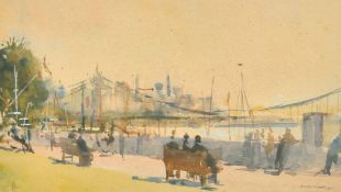Cosmo Clark (1897-1967) British, A view of a bridge with figures seated and standing, watercolour,