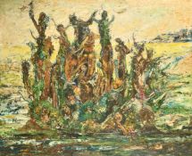 R.V.D. Heede, Circa 1960, a gathering of figures, oil on board, 48