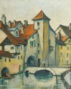 19th /20th Century, A Continental canal scene with a bridge and buildings, oil on board, 9.25