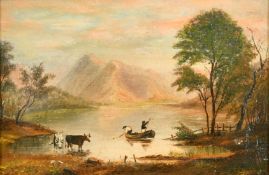 19th Century English School, fishermen hauling their nets on a mountain lake, oil on canvas, 7