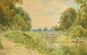 F. G. Coleridge (19th Century) British, figures on a boat approaching a lock, watercolour, 5.75