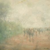 William Mason, Figures in a misty landscape, oil on board, initialled, 7.75