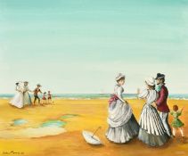 James Arthur Morris (20th Century) British, elegant figures on a beach, oil on board, signed, 18