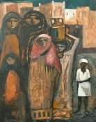 20th Century North African School, figures in a street, oil on board, indistinctly signed, 15.75