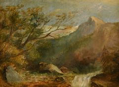 19th Century English School, a waterfall in a mountain landscape, oil on canvas, 6