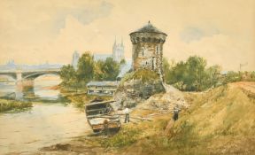 Thomas Bush Hardy (1842-1897) British, A moored boat at the river's edge with figures,