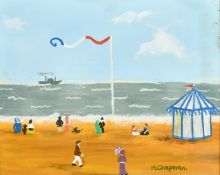 Margaret Chapman (1940-2000) British, Figures on a French beach, a paddle steamer ship beyond, oil