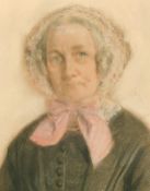 19th Century, Portrait of an elderly woman wearing a bonnet with a pink bow, pastel, inscription