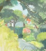 Moira Beatty (1922-2015) a pastel study of a pathway through trees, signed, 16.5