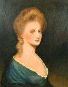English School, Portrait of a lady wearing a blue dress edged in white trim, oil on board, 24