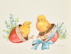 Ella Bruce (20th Century) Two chicks, one egg, watercolour, signed in pencil, 7