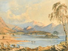 An extensive landscape with sheep in the foreground and cattle watering on the edge of a loch with