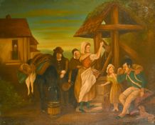 19th Century Primitive School, A family group by a well, oil on canvas, 28