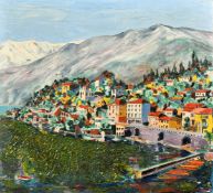 Fauvist School, mid-20th Century, A harbour view with mountains at Ascona, Switzerland, oil on