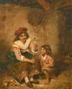 19th Century English School, young figures playing with a toy in a cottage interior, oil on