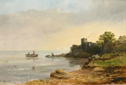 E. C. Williams, dated 1879, figures in a rowing boat moored off a headland, oil on board, signed