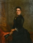 B. Hudson (19th Century) Portrait of a lady standing in an interior holding a fan, oil on canvas,