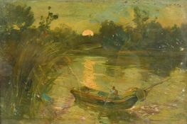 19th Century Continental School, figure in a rowing boat on a river at dusk, oil on board, 9
