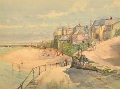 Michael Crawley (20th Century) British, 'Newlyn, Cornwall', figures on a beach, watercolour,
