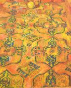 A modernist abstract of orange, yellow, red, and green, oil on board, 30