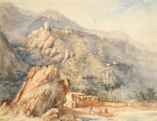 William Page (1794-1872) A coastal cliffside town with fishermen in the bay below, watercolour, 6.