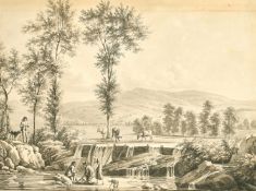 German School (19th Century) Figures in an extensive landscape with cattle and dogs, pen and ink