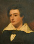 19th Century, Portrait of a young man wearing a jacket with a white collar, oil on board, 20.5