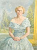 John A.A. Berrier, Portrait of a seated lady wearing a tiara, with a garden beyond, oil on canvas,