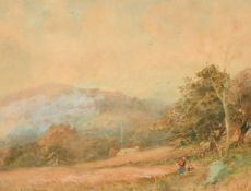 Albert Pollitt (fl.1889-1920) A landscape with figures walking towards a dwelling, watercolour,