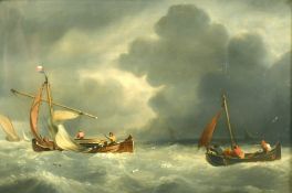 19th Century School, fishing boats reefing in changing weather, oil on mahogany panel, Christie’s