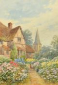 Harold Lawes (1865 - 1940) British, a lady tending flowers in a cottage garden, watercolour, signed,