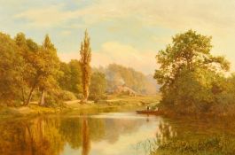 Edwin Henry Holder (1847-1922) British, figures in a rowing boat with a cottage beyond, oil on